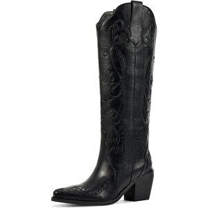 🆕Women Faux Leather Classic Black Floral Embroidered Chunky Heel Pointed Boot